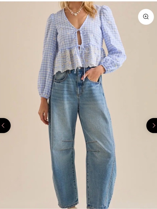 Lush Tops - NWOT Lush Light Blue Gingham Tie-Front Peplum Blouse with White Embroidery M